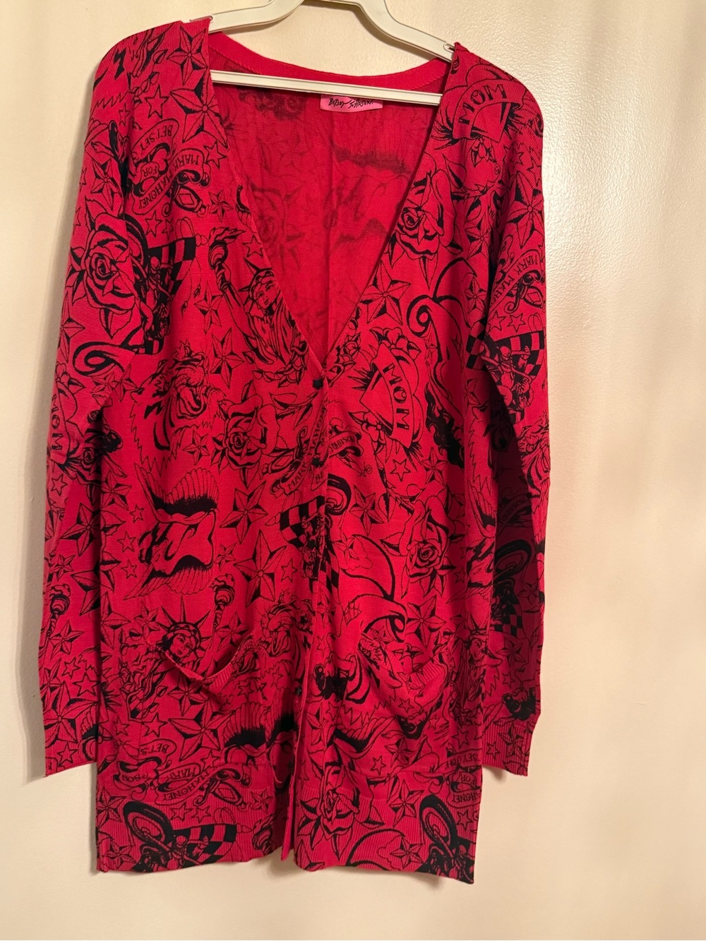 Red Tattoo-Print Open Cardigan